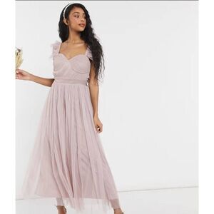 Anaya With Love Bridesmaid tulle frill sleeve midi dress in Sage, NWOT, Sz. 6 P